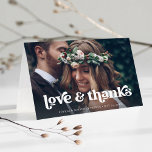 Carte De Remerciements Retro Boho Typographie et photo | MARIAGE<br><div class="desc">Cette carte de remerciements branchée et boho présente votre photo mariage préférée,  avec un texte manuscrit blanc rétro qui dit "amour et merci". L'intérieur de la carte a de la place pour un message personnel. Un look simple et design qui s'intègre parfaitement à votre style !</div>