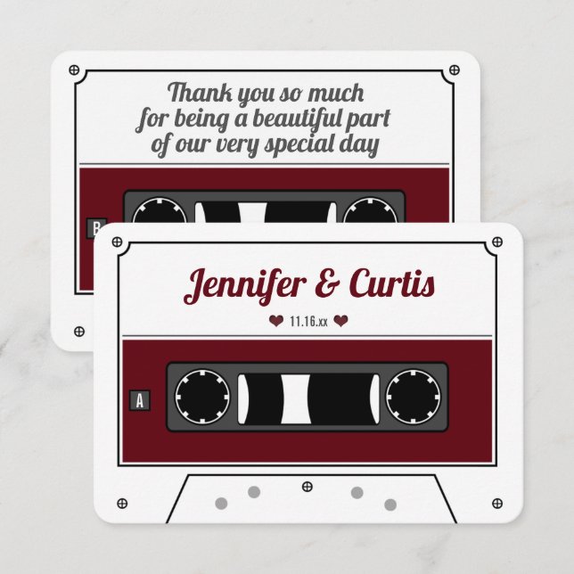 Carte De Remerciements Retro Cassette Bande Vin Rouge Mariage Favoriser (Devant / Derrière)