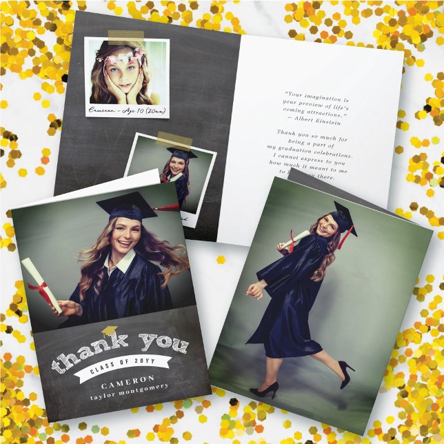 Carte De Remerciements Retro Chalboard Sketch Photo Graduation Cap Grad (Retro Black Chalkboard Sketch Photo Graduation Cap Grad Thank You Card @ zazzle.com/color_therapy)