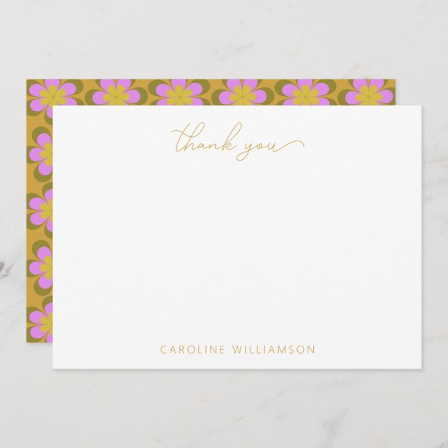 Carte De Remerciements Retro Cute Mod Floral Jaune Nom Personnalisé (Devant / Derrière)