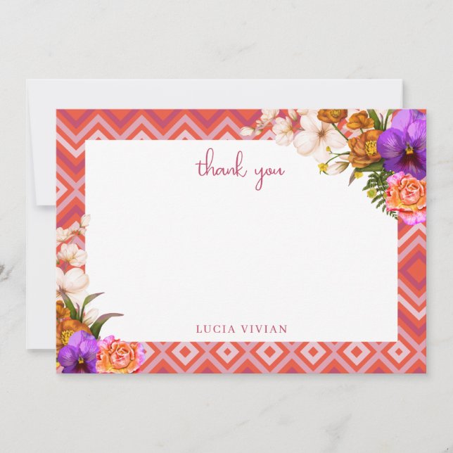 Carte De Remerciements Retro Floral Fuchsia Fête de Mariage (Devant)