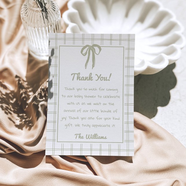 Carte De Remerciements Retro Hand Drawn Green Gingham Bow Baby Shower (Créateur téléchargé)