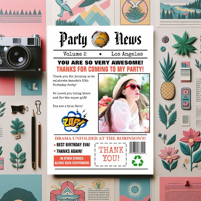 Carte De Remerciements Retro Journal fête d'anniversaire Photo (Retro Newspaper themed thank you card)