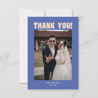 Carte De Remerciements Retro Modern Bold Typography Blue Wedding Photo