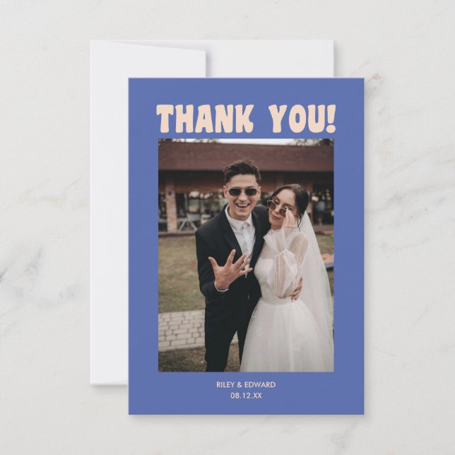 Carte De Remerciements Retro Modern Bold Typography Blue Wedding Photo (Devant)