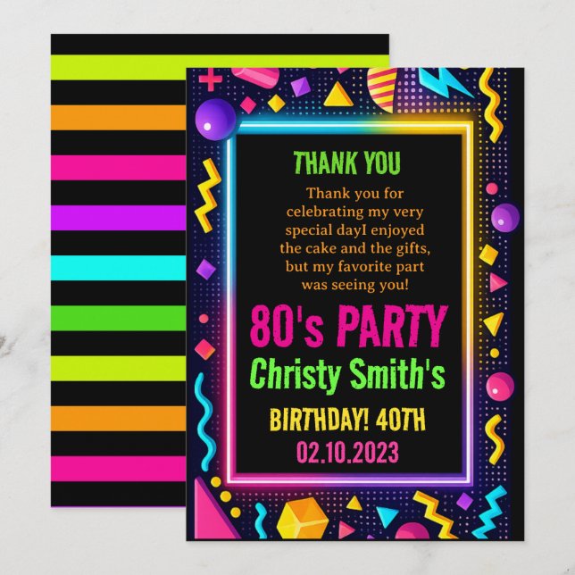 Carte De Remerciements Retro Neon 80s Birthday Adult Party (Devant / Derrière)
