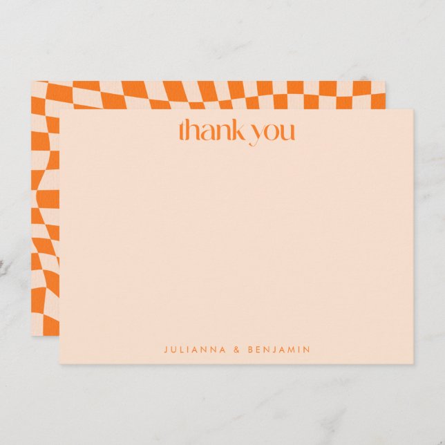 Carte De Remerciements Retro Orange Abstract Checkerboard Wedding Custom (Devant / Derrière)