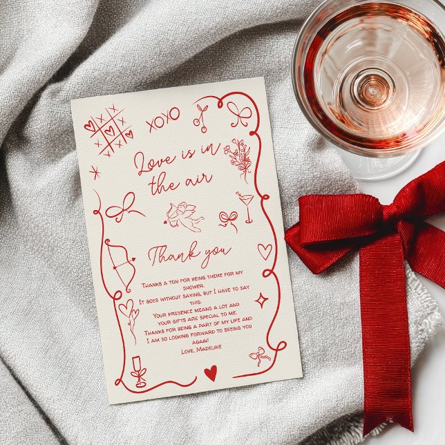 Carte De Remerciements Retro Rouge Saint-Valentin Amour dans l'air fête d (Retro Red Valentine Love in the air bridal shower Thank You Card)