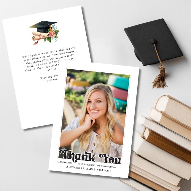 Carte De Remerciements Retro Script Photo Graduation (Retro Script Photo Graduation Thank You Card)
