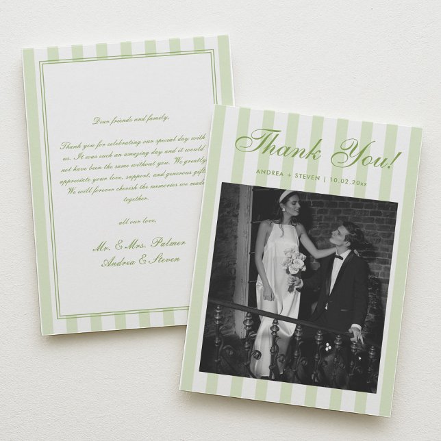 Carte De Remerciements Retro White and Green Striped Wedding Photo  (Créateur téléchargé)