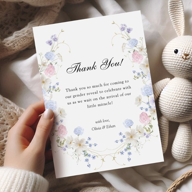 Carte De Remerciements Révélation de genre Fleur sauvage rose et bleu (Créateur téléchargé)