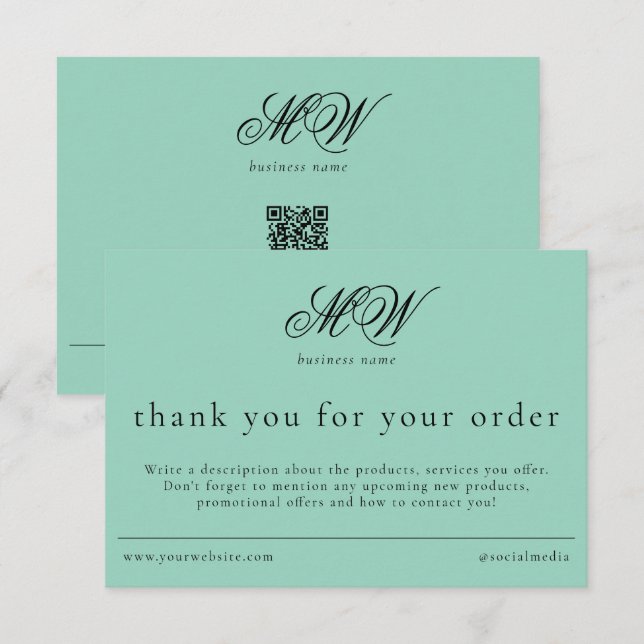 Carte De Remerciements Review Order Packaging Insert Script Monogram Teal (Devant / Derrière)