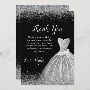 Carte De Remerciements Robe Argent Faux Parties scintillant Douce 16 Anni