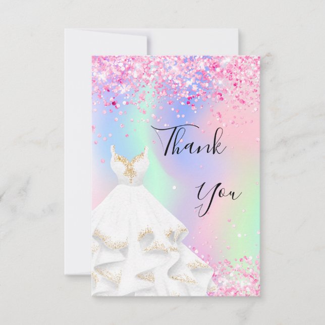 Carte De Remerciements Robe blanche rose holographique (Devant)