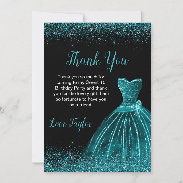 Carte De Remerciements Robe Bleue turquoise Faux Parties scintillant Douc (Devant)
