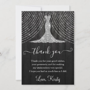 Carte De Remerciements Robe de diamant argentée sur Quinceanera en bois n