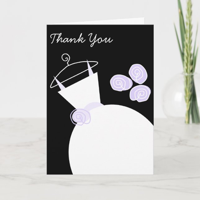 Carte De Remerciements Robe de mariée violette 'Merci' noir vertical (Devant)