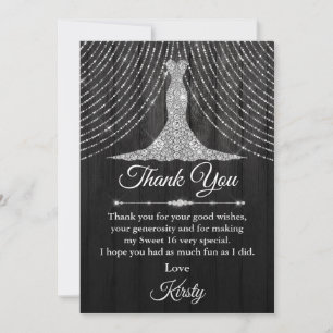 Carte De Remerciements Robe de Sweet 16 diamant noir argenté