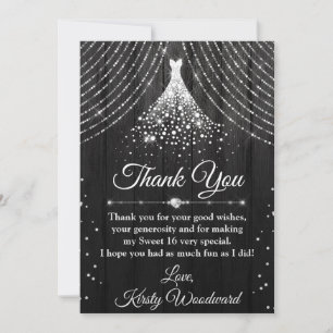 Carte De Remerciements Robe de Sweet 16 diamantée argent et noir