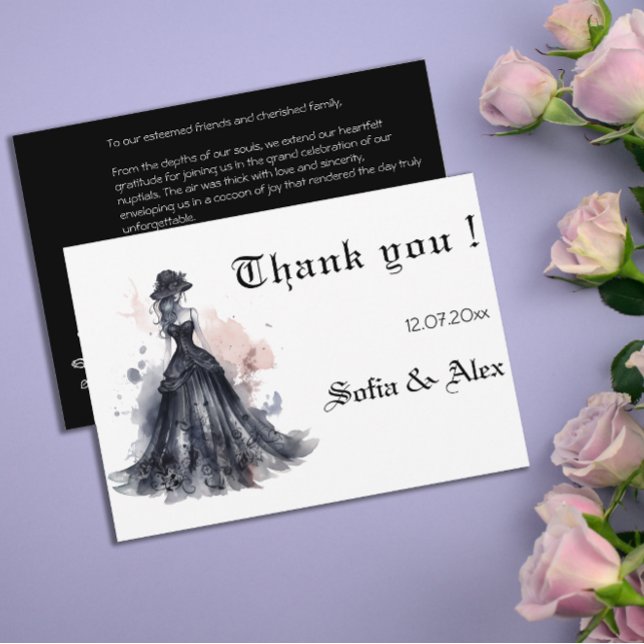 Carte De Remerciements Robe noire gothique aquarelle mariage save the dat (Watercolor goth black dress wedding save the date thank you card.)
