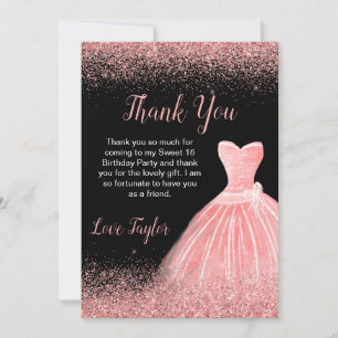 Carte De Remerciements Robe rose rose Faux Parties scintillant Douce 16 A