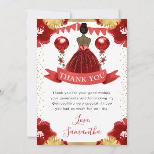 Carte De Remerciements Robe rouge princesse à peau foncée Quinceanera