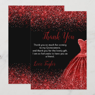 Carte De Remerciements Robe rouge vif de Quinceanera faux paillettes
