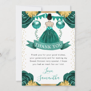 Carte De Remerciements Robe sarcelle Princesse aux cheveux bruns Sweet 16