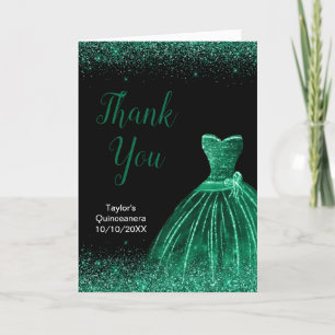 Carte De Remerciements Robe Vert foncé Faux Parties scintillant Quinceane