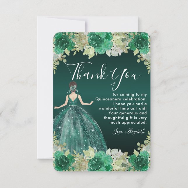 Carte De Remerciements Robe verte florale Anniversaire Quinceanera (Devant)