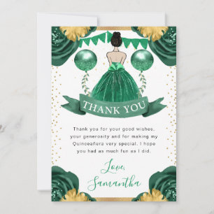 Carte De Remerciements Robe verte princesse brune aux cheveux Quinceanera