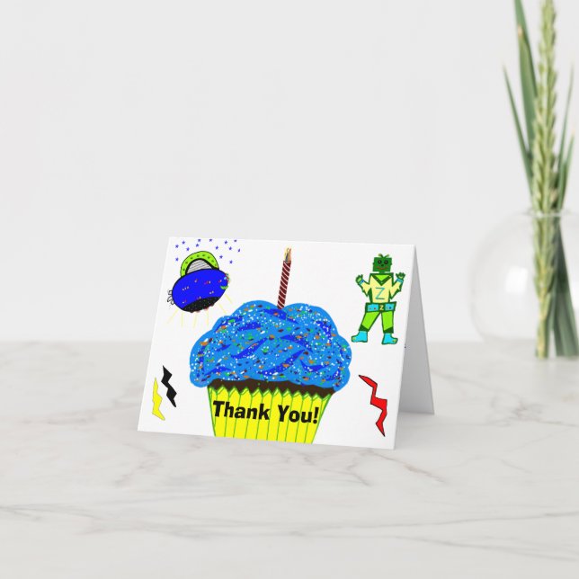 Carte De Remerciements Robot Bleu Spaceship Cupcake (Devant)