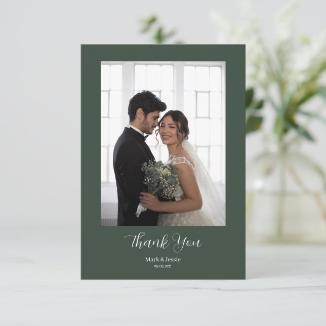 Carte De Remerciements ROE Dusky Green & White Simple Photo Mariage (Debout devant)