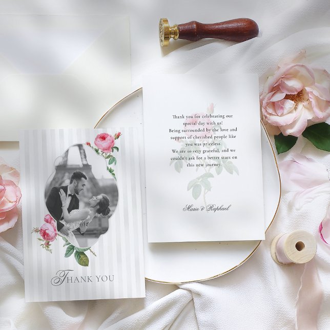 Carte De Remerciements Romantic French Rose Botanical Photo Wedding (Créateur téléchargé)