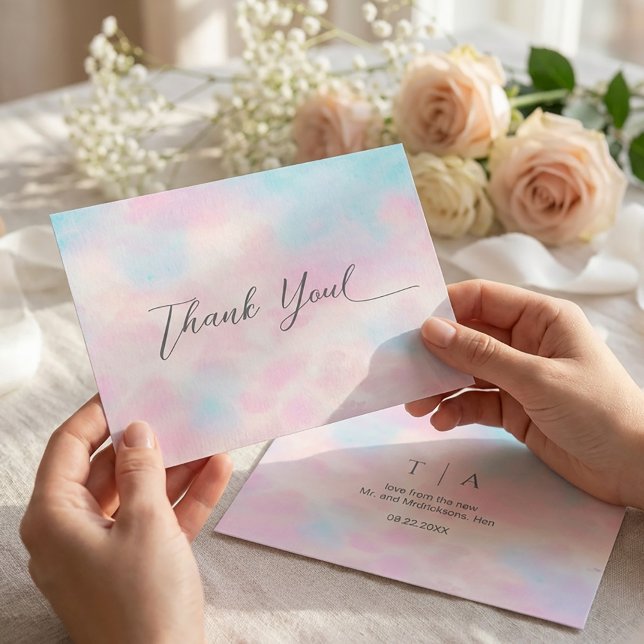 Carte De Remerciements Romantic Pastel Thank You Card – Soft Pink & Blue  (#WeddingThankYouCard
#PastelWedding
#RomanticWedding
#BlushAndBlue
#WatercolorWedding
#ElegantStatio)