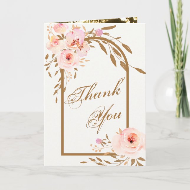 Carte De Remerciements Romantic Pink Blush Gold Floral Wedding Photo (Devant)