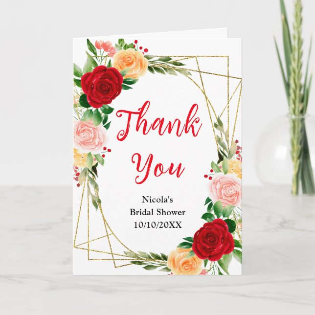 Carte De Remerciements Romantic Red and Orange Roses Bridal Shower (Devant)