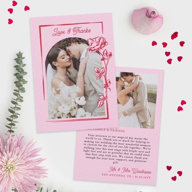 Carte De Remerciements Romantic Red Pink Rose Illustration Love & Thanks (Créateur téléchargé)