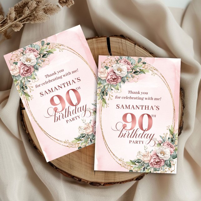Carte De Remerciements Romantic Rose Gold Greenery 90th Birthday Thanks (Romantic Rose Gold Greenery 90th Birthday Thank You Card)