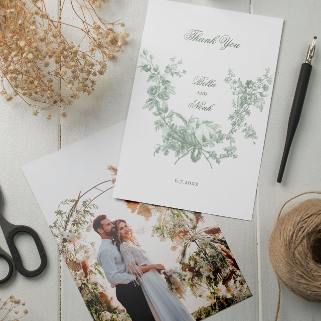 Carte De Remerciements Romantic Sage Floral Wreath w/Lovebirds Wedding (Créateur téléchargé)