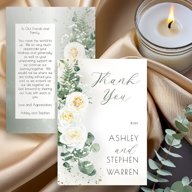 Carte De Remerciements Romantic Sage Green Wedding Thank You Card (Romantic sage green wedding thank you card with white rose bouquet and botanical greenery design)