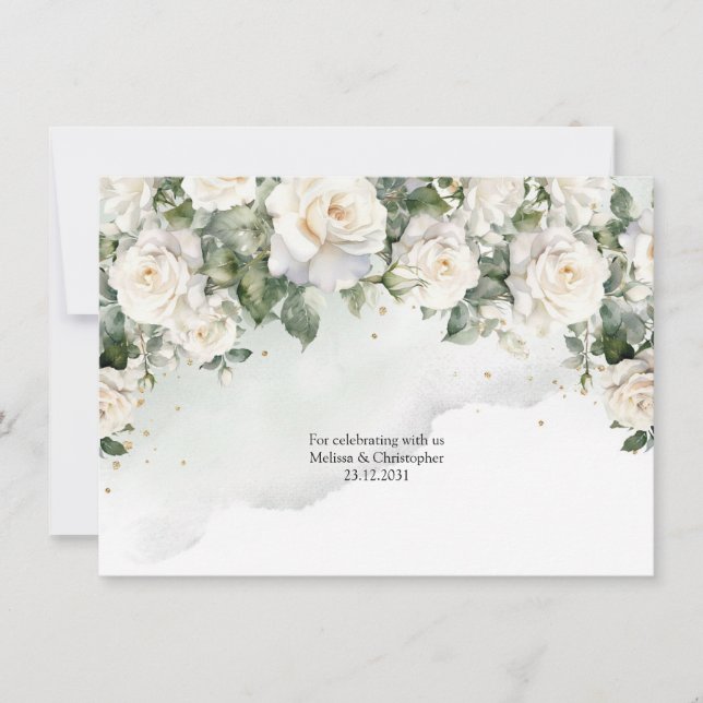 Carte De Remerciements Romantique boho roses blanches et verdure & or (Devant)