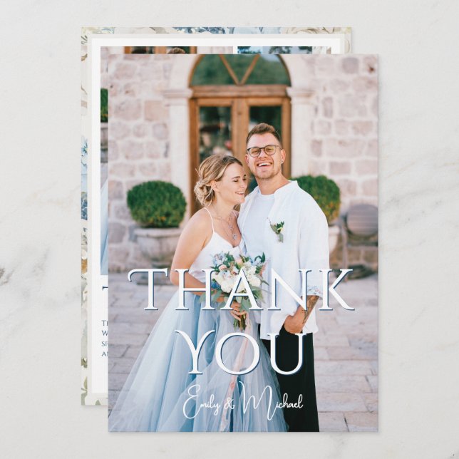 Carte De Remerciements Romantique Dusty Blue Floral Mariage photo (Devant / Derrière)