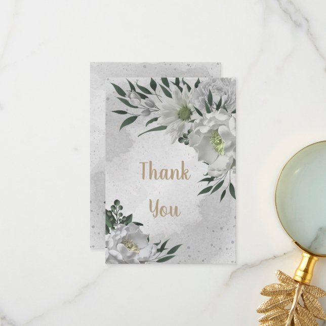 Carte De Remerciements romantique fleurs blanches mariage (Devant/Arrière en situation)