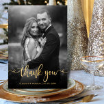 Carte De Remerciements Romantique Gold Script 2 noir blanc Mariage photo<br><div class="desc">Élégant Chic Romantique Gold Calligraphie Script 2 Black White Photo Carte de remerciements De Mariage Personnalisé. Envoyez des remerciements à vos amis et à votre famille pour avoir participé à votre journée spéciale avec cette carte de remerciements personnalisée. Il dispose d'un design élégant et élégant tourbillonnant calligraphie swash tail police...</div>