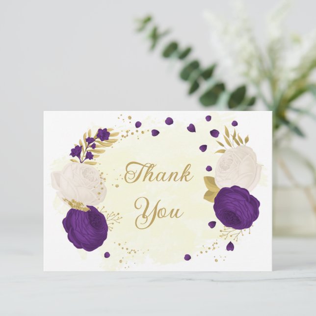 Carte De Remerciements Romantique royal violet & fleurs blanches or (Debout devant)