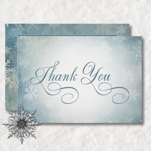 Carte De Remerciements Romantique Tombant Neige Bleu Blanc Mariage Récept (Romantic Falling Snow Blue White Wedding Reception Thank You Card)