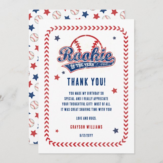 Carte De Remerciements Rookie de baseball de l'année 1er fête d'anniversa (Devant / Derrière)
