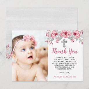 Carte De Remerciements Rose   Aquarelle grise Photo florale Baptême