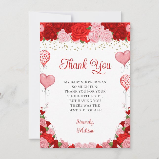 Carte De Remerciements Rose Balloon de Saint Valentin Baby shower fille (Devant)